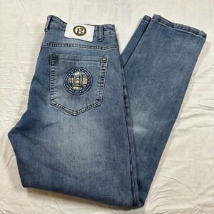 Designer Style Men Denim Jeans Straight Leg Embroidered Logo Check Pocket 34x29
